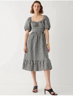 J. Crew Black & White Gingham Puff-Sleeve Midi Dress